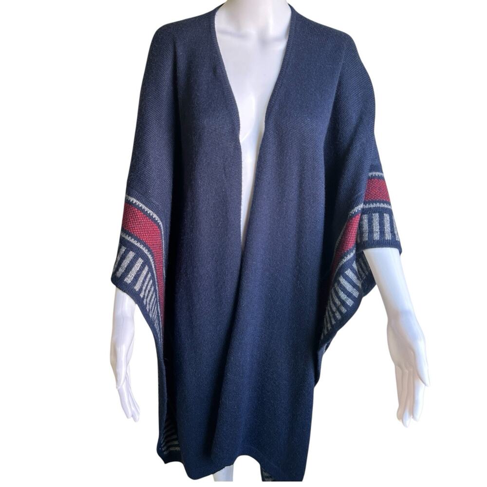 NOVICA Alpaca Wool Poncho Ruana Navy Blue Red Geometric One Size Peru Boho